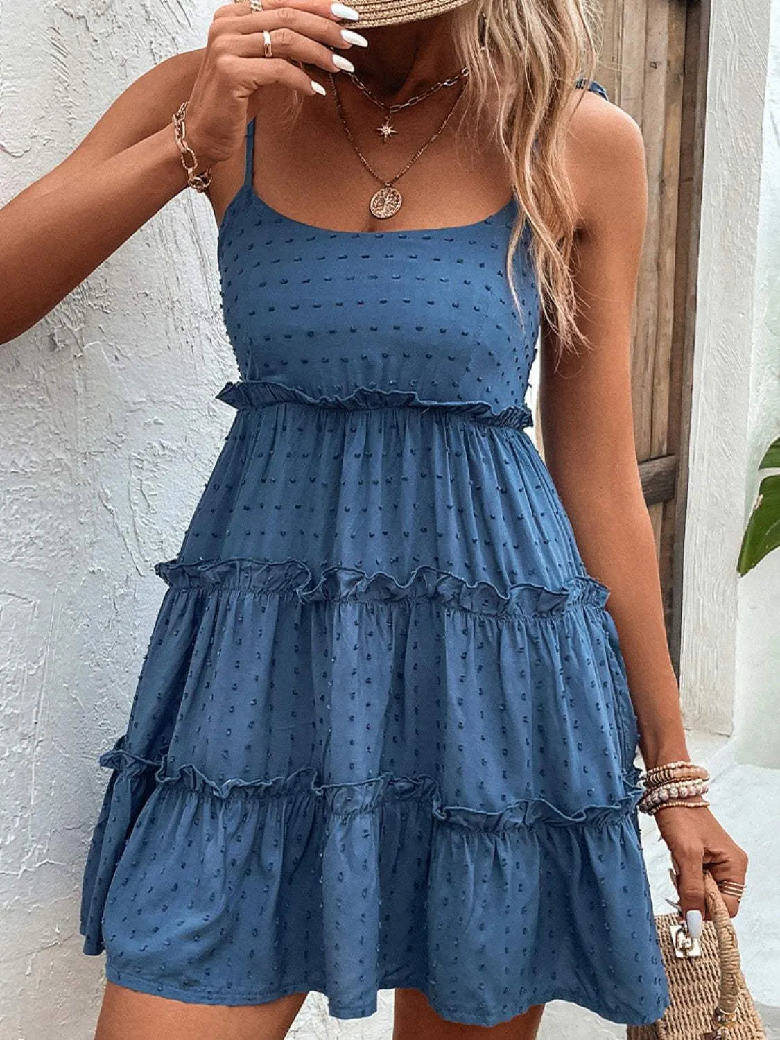 Frill Spaghetti Strap Tiered Dress Peacock Blue Casual Dresses - Tophatter Daily Deals